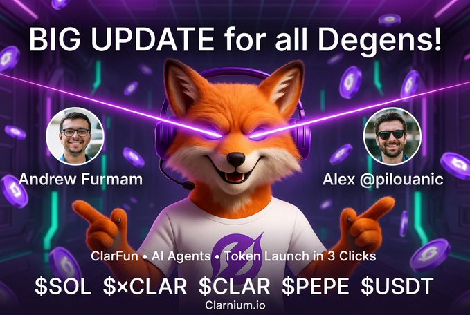 The image features a cartoon fox wearing headphones, with two men standing behind him holding up coins as if they are about to make a wish. The background of the image has purple and green colors, creating an interesting visual effect. The text on the image reads "BIG UPDATE for all Deegens! $SOL $xCLAR $CLAR $PEPE $USDT The Clarnium.io Ecosystem is now running at full speed!" This suggests that there has been a significant update or release in the world of cryptocurrency, and the image serves as an advertisement for this new development.