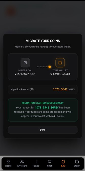 The image shows a successful migration confirmation screen transferring 1,073.5542 $GREY coins from a mined pool to a secure wallet. This aligns with the post claiming 1,073 $GREY coins, with the migration interface displaying the processed amount that will appear in the wallet within 48 hours.