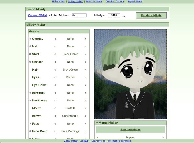 The image shows the Milady Maker NFT customization interface displaying Milady #9128 with short green hair, concerned brows, and a black blazer. This relates to the post by suggesting that an "Abstract Market Launcher" character could be styled or represented as a Milady NFT with unique accessories, though the current avatar lacks any crypto/market-related attire to clearly depict such a concept.