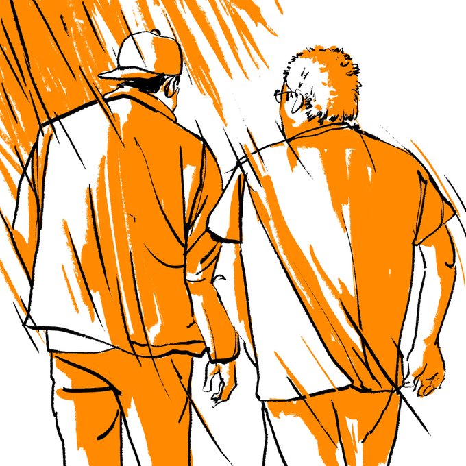 A sketch-style illustration of two figures in orange and white, viewed from behind, with one wearing a cap and the other having curly hair.
