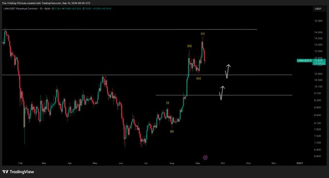 A TradingView daily chart of the Chainlink (LINK) perpetual contract against Tether (USDT) on Bybit shows a completed Elliott Wave 5-count structure, with waves (i) through (v) labeled in orange, peaking near $13.832 before forming lower highs and indicating a potential 3-wave pullback toward the $10.00 support zone marked by horizontal lines.