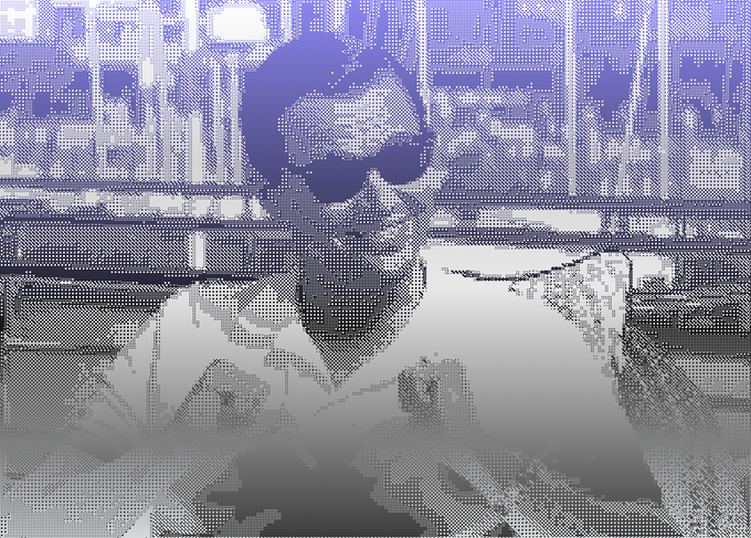 A blue-toned, pixelated/halftone-filtered image showing a bearded man wearing sunglasses at what appears to be a bar, with shelves of bottles in the background.