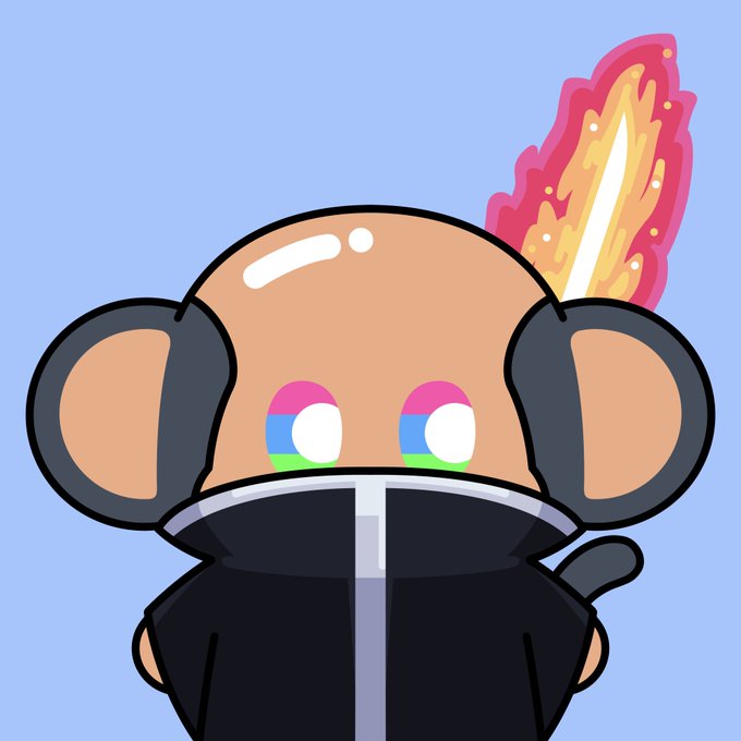 A cartoon illustration of a tan-skinned character with large mouse-like ears, multi-colored eyes, and pink-orange flames rising from the back of their head, wearing a dark outfit.