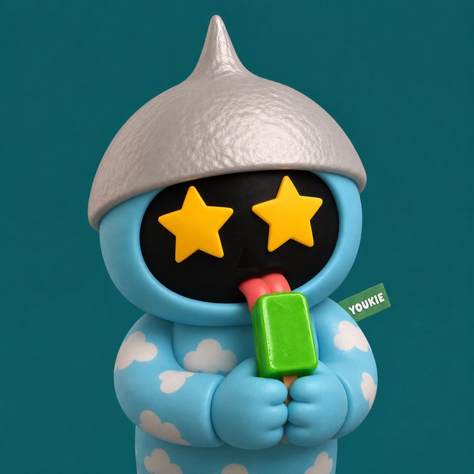 A 3D-rendered character with a grey onion-shaped head, blue body with white cloud patterns, star-shaped yellow eyes, and a pink tongue sticking out to lick a green popsicle, with a 'YOUKIE' tag.