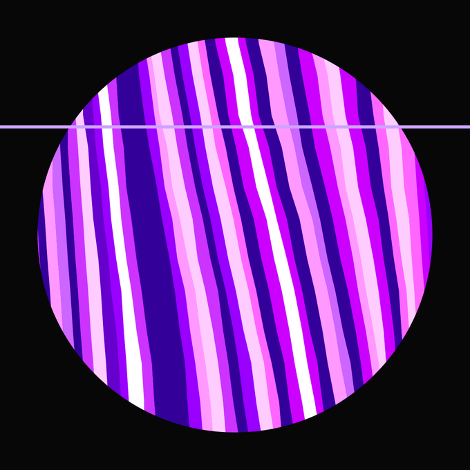 A digital illustration of a purple planet-like sphere covered in vertical stripes of varying shades of purple, pink, and white, bisected horizontally by a thin light purple line against a black background.