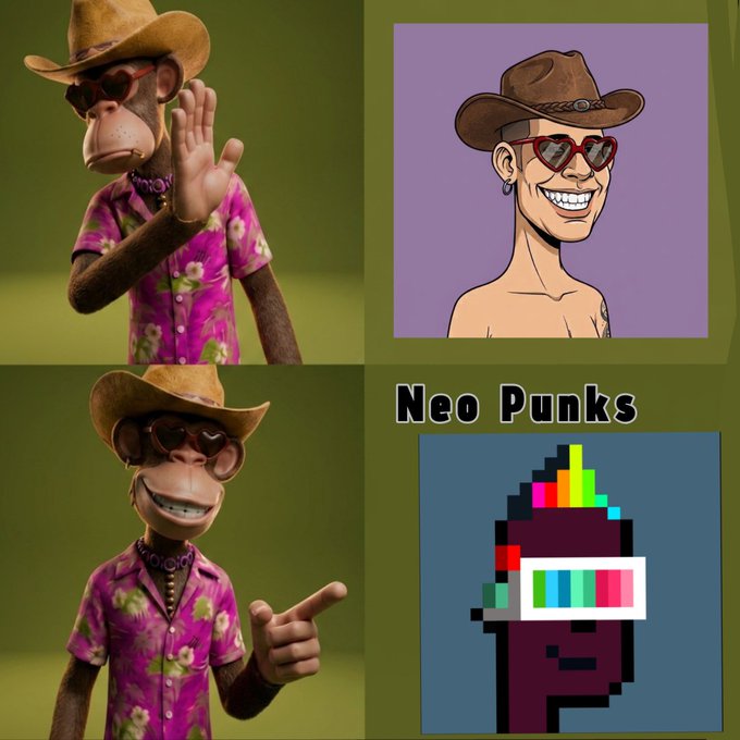 A four-panel collage showing a 3D monkey character in a cowboy hat and Hawaiian shirt, alongside cartoon and pixel art 'Neo Punks' avatars.