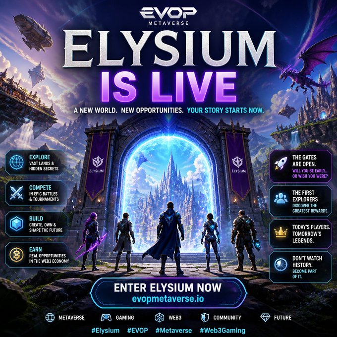 The promotional image announces "ELYSIUM IS LIVE" by EVOP Metaverse, featuring four armored adventurers standing before a glowing portal leading to a fantastical castle, alongside feature highlights like "Explore," "Compete," "Build," and "Earn," and a call-to-action to "ENTER ELYSIUM NOW" at evopmetaverse.io—visually reinforcing the post's message that early adopters of this new Web3 gaming world can become "tomorrow's legends."