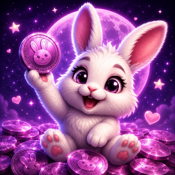 A fluffy white cartoon bunny with pink-tipped ears and large sparkling purple eyes holds up a pink coin featuring a bunny face, sitting atop a pile of identical bunny coins against a vibrant purple starry night sky with a large glowing moon. The image brings the "LumiBun $LUMI" memecoin mascot to life, visually capturing the cute, cosmic, and luck-themed branding referenced in the post's "hop, hold & glow" tagline.