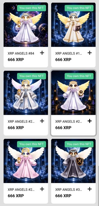 A digital marketplace interface displaying six NFT collectibles from the 'XRP ANGELS' collection, each labeled 'You own this NFT' and priced at '666 XRP'. The angels appear in various colored robes including white, gold, pink, and black.