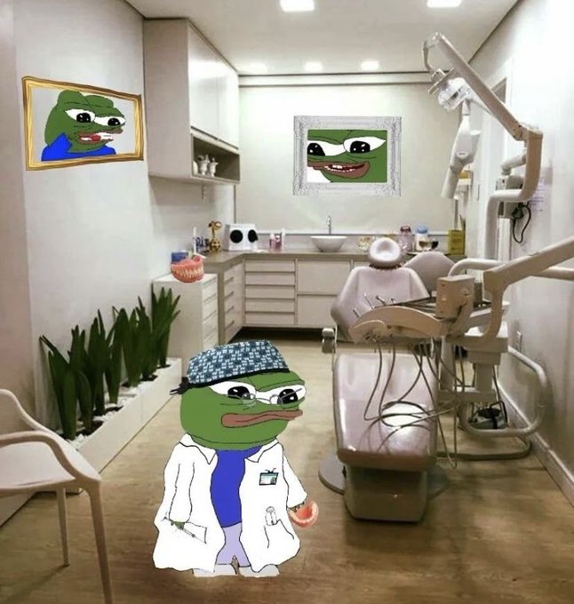 The image shows Pepe the Frog characters meme-styled into a dental office scene, with one dressed as a dentist standing beside a dental chair and another framed on the wall. The cartoon overlays of "sad" and "happy" Pepe faces humorously contrast with the accompanying post "please don't rug," evoking the emotional rollercoaster of crypto investors worried about a rug pull.
