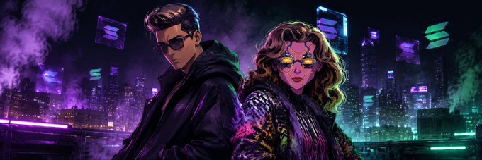 The image features a man wearing sunglasses and a black jacket, standing next to a woman who is also wearing sunglasses and a purple sweater. They are both looking at something off-camera. The background of the image shows a city skyline with buildings lit up in neon colors against a dark sky. The caption on the post reads "Good morning Solana!!! Are you Mad?".