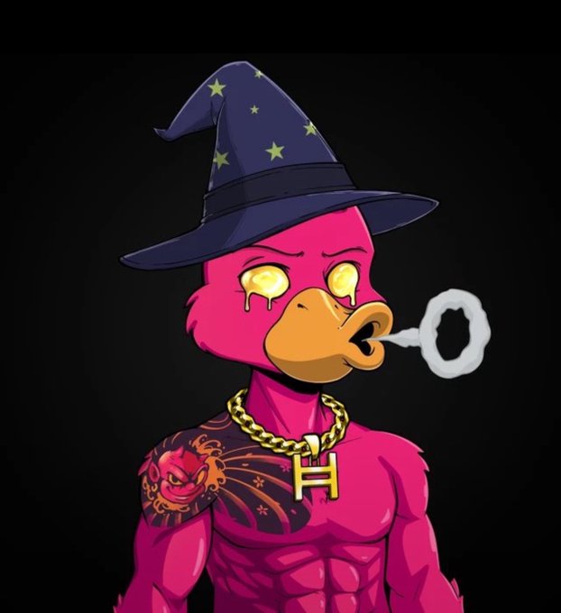 digital illustration of a pink anthropomorphic duck/bird character wearing a purple witch hat with yellow stars, gold eyes, a gold chain with an 'H' pendant, smoking, with a red tattoo on its muscular shoulder