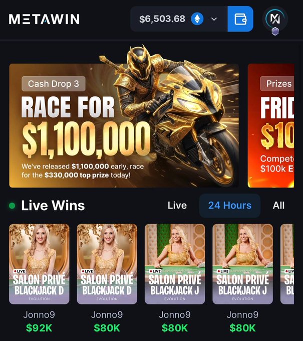 The image shows a MetaWin casino platform screenshot featuring a "Cash Drop 3: Race for $1,100,000" promotional banner with a golden armored motorcyclist, alongside live win feeds displaying Salon Prive Blackjack wins of $80K-$92K. This visually supports the post's claim about MetaWin's massive $1.1M leaderboard payout, showcasing the platform's high-stakes gambling action and live winning potential.
