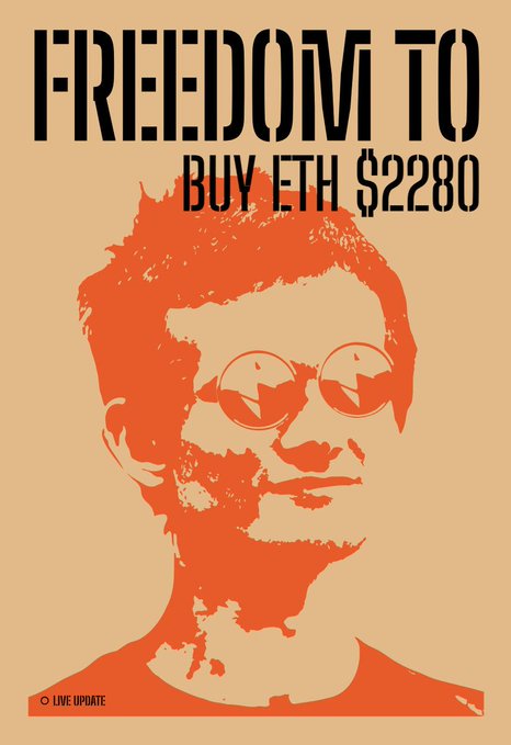 An orange and black stylized poster illustration of a man with glasses, featuring the text 'FREEDOM TO BUY ETH $2280' and '© LIVE UPDATE' at the bottom.
