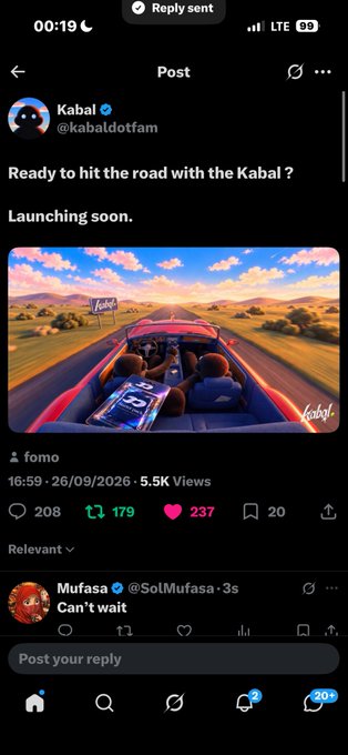 A Twitter/X screenshot from @kabaldotfam asks "Ready to hit the road with the Kabal? Launching soon." with an image of people in a red convertible in a desert landscape.