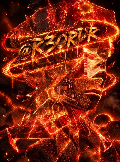 A fiery, digital artwork featuring a fragmented face/mech surrounded by lava-like orange and red glows, with the stylized text '@RZORDK' prominently displayed in the center.