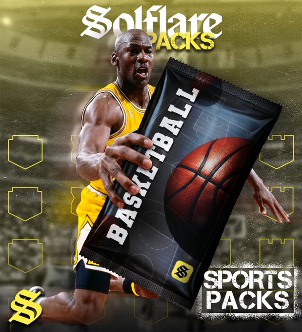 A promotional graphic for 'Goldflare PACKS' showing a basketball player in a yellow Lakers jersey holding a black 'BASKETBALL' snack bag. The design includes gold background accents, shield graphics, and the text 'SPORTS PACKS' in the bottom right corner.