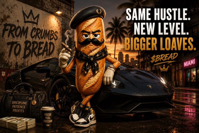 A '$BREAD' meme featuring an anthropomorphic baguette with a beret and mustache leaning on a black Lamborghini, with the text 'FROM CRUMBS TO BREAD' and 'SAME HUSTLE. NEW LEVEL. BIGGER LOAVES.'