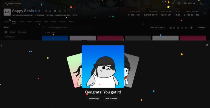 A screenshot from OpenSea showing a Sappy Seals collection page (BSC, 30 supply, 0.0784 ETH floor) with a pop-up celebrating 'Congrats! You got it!' for a penguin-style NFT.