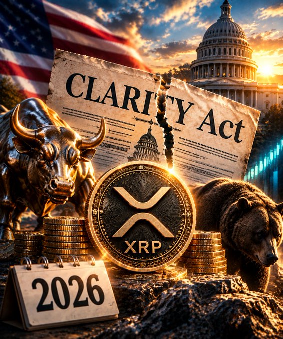A digital artwork featuring a torn 'CLARITY Act' document, a US flag, Capitol building, XRP cryptocurrency coin, bear and bull figurines, stacks of coins, and a calendar showing '2026'.