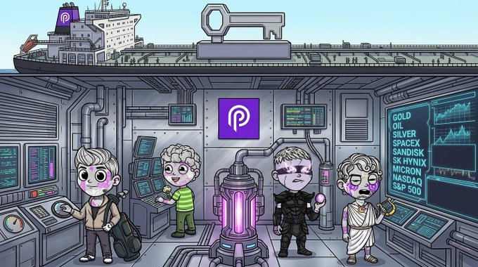 A cartoon illustration shows four purple-themed characters standing in a futuristic control room with trading screens displaying metals like "GOLD, OIL, SILVER, SPACEX, SANDISK, SK HYNIX, MICRON, NASDAQ, S&P 500" and a cargo ship above.