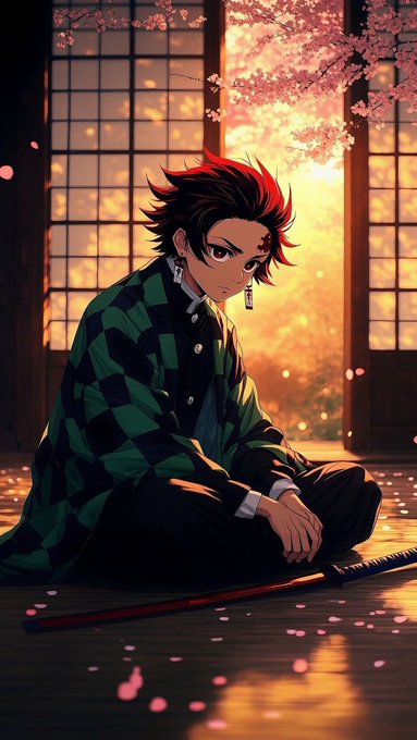 Anime-style illustration of a character with red and black hair wearing a green and black checkered haori, sitting in a traditional Japanese room with shoji screens and cherry blossoms visible outside.