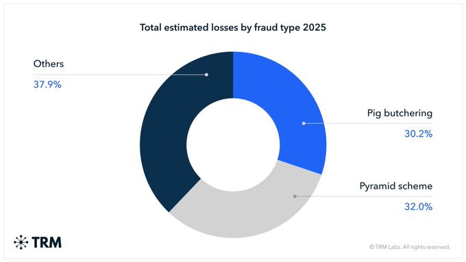 A donut chart titled 'Total estimated losses by fraud type 2025' from TRM Labs, breaking down losses as 32.0% Pyramid scheme, 30.2% Pig butchering, and 37.9% Others.
