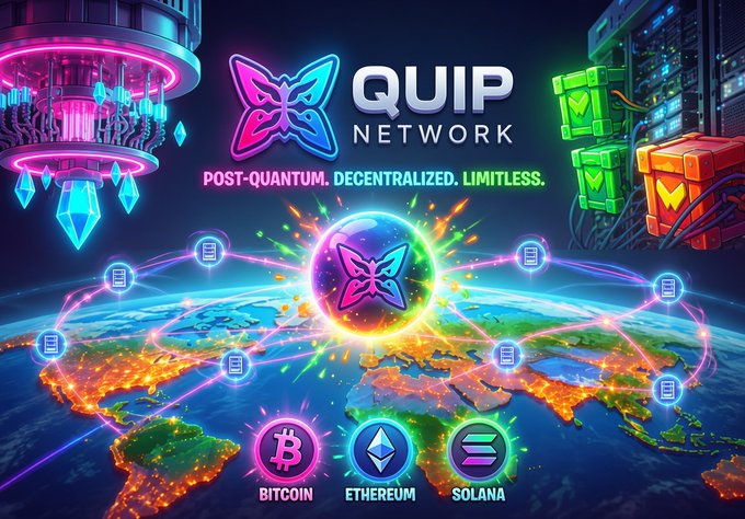 A promotional graphic for 'QUIP NETWORK' features a neon butterfly logo and the tagline 'POST-QUANTUM. DECENTRALIZED. LIMITLESS.', with a world map connected to glowing nodes and icons for Bitcoin, Ethereum, and Solana below.