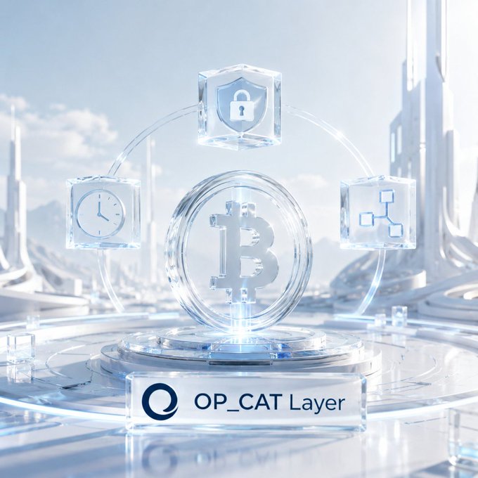 The image features a futuristic, icy white display with a translucent Bitcoin symbol at its center, flanked by floating icons representing security (a padlock), time (a clock), and network topology, with an "OP_CAT Layer" label and logo at the base—visually echoing the post's argument that restoring the OP_CAT opcode (BIP 347) preserves Bitcoin's minimalist, secure scripting philosophy while enabling new on-chain capabilities.