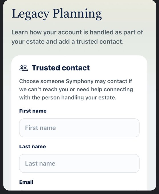 A mobile app screen titled "Legacy Planning" allowing users to add a "Trusted contact" with fields for first name, last name, and email.