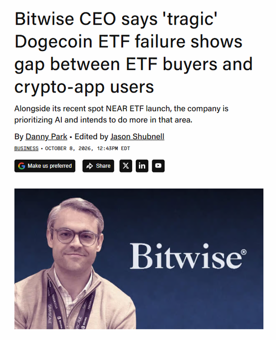 A news article headline reading "Bitwise CEO says 'tragic' Dogecoin ETF failure shows gap between ETF buyers and crypto-app users," dated October 8, 2026, with a photo of a man wearing glasses and a Bitwise lanyard.
