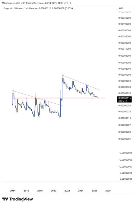 A TradingView chart displays Dogecoin/Bitcoin (DOGEBTC) on the monthly timeframe, with descending trendlines and a horizontal resistance level around 0.00000116 BTC, supporting the post's claim of a "generational entry" opportunity with significant upside potential.