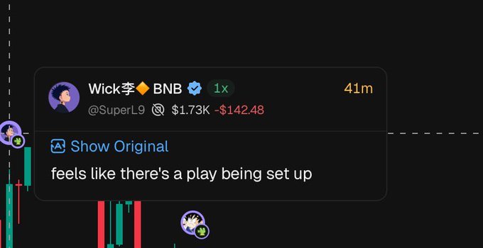 A social media post screenshot from user 'Wick李◆BNB' (@SuperL9) showing a portfolio value of $1.73K down $142.48, with the message 'feels like there's a play being set up' overlaid on a candlestick chart.
