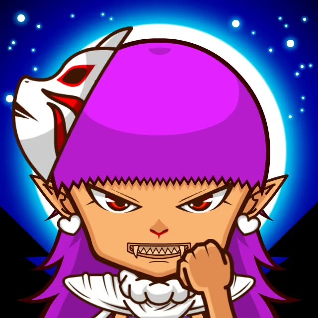 An anime-style chibi character with purple hair, pointed ears, fangs, and a half-white half-red mask, standing against a starry night sky background with a full moon.