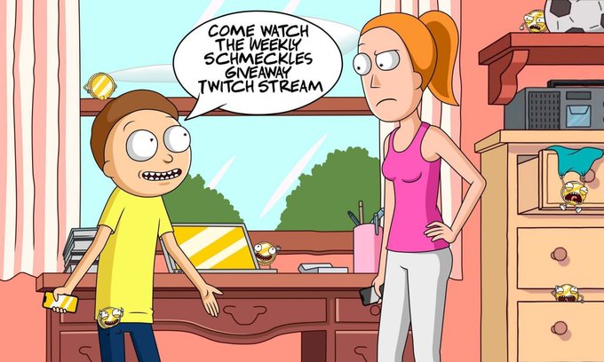 An animated scene shows a boy saying "COME WATCH THE WEEKLY SCHMECKLES GIVEAWAY TWITCH STREAM" to an unimpressed woman in a pink tank top.