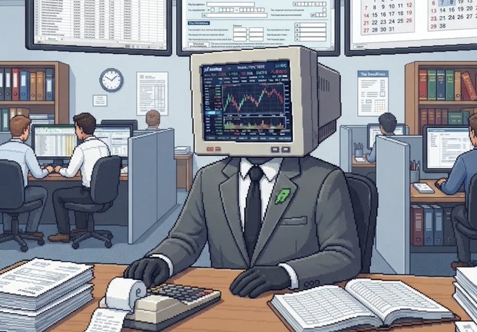 The image features a surreal illustration of a stock trader whose head is replaced by a computer monitor displaying financial charts, working at a desk with a calculator and ledger in a busy office. This visual metaphor of an automated, AI-driven trader reinforces the post's pitch for the "$AGENTDAQ airdrop" and its whitelist application site "agentdaq.xyz," depicting a robotic agent making calculated decisions in the financial markets.