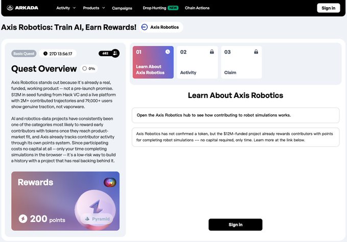 A screenshot of the ARKADA platform shows an 'Axis Robotics: Train AI, Earn Rewards!' quest page with information about earning 200 points and learning about the project.