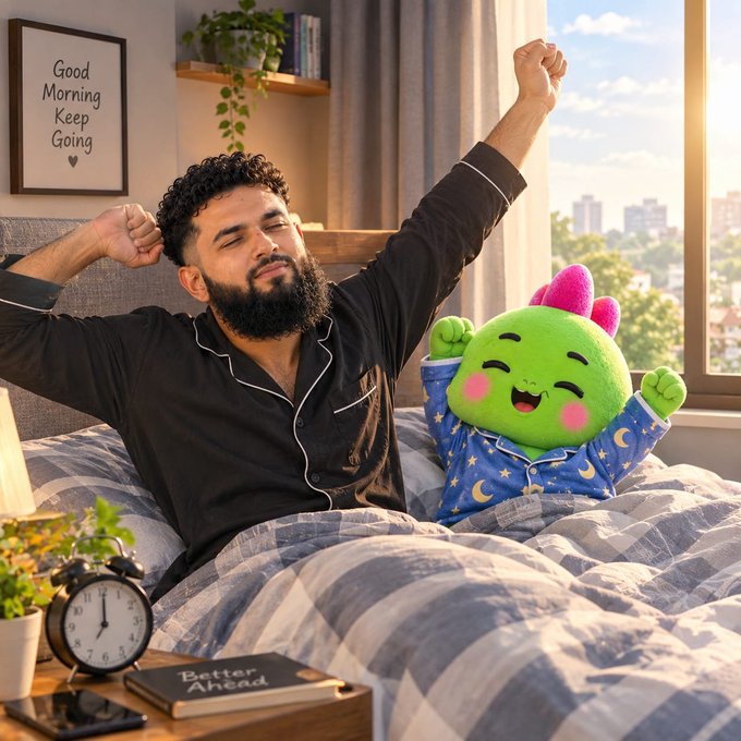 An AI-generated image of a man in pajamas stretching in bed next to a cute green animated cactus character wearing star-patterned pajamas, with a 'Good Morning Keep Going' sign on the wall.