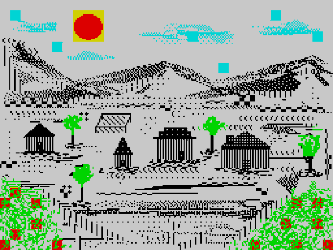 A pixel art landscape depicting mountains, a red sun, green trees, and ancient Greek-style temple structures in a retro video game style.