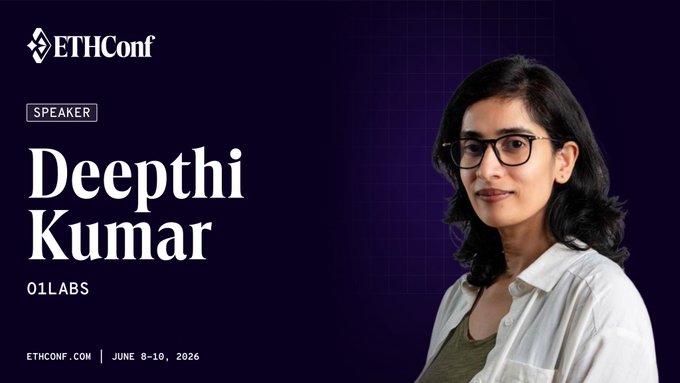 The image features a woman wearing glasses, standing against a purple background with white text that reads "ethcon". The caption below her photo identifies her as Deepthi Kumar, who is scheduled to speak at an event at 5 PM on June 6th.