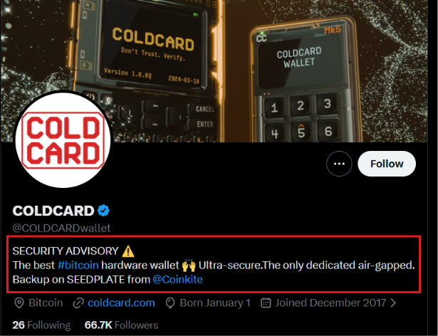 A Twitter/X profile for COLDCARD (@COLDCARDwallet) with a security advisory in the bio describing it as 'The best #bitcoin hardware wallet' with 'Ultra-secure. The only dedicated air-gapped' features.