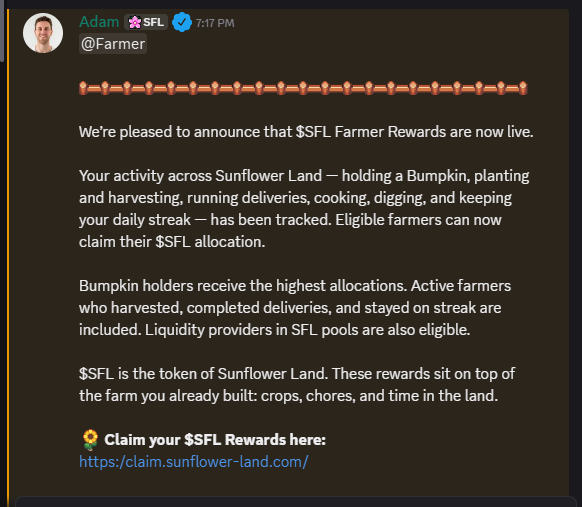A screenshot of a Discord message by Adam (@Farmer) announcing '$SFL Farmer Rewards' for Sunflower Land farmers, with a link to claim rewards at https://claim.sunflower-land.com/.