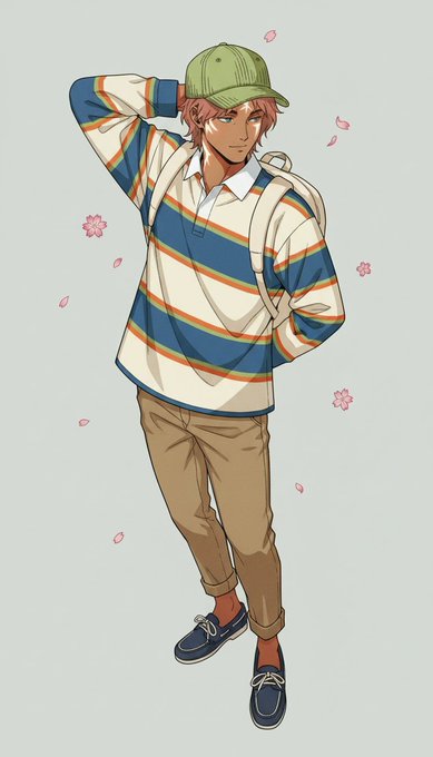 An anime-style illustration of a young man with pinkish hair wearing a green cap, a striped polo sweater, beige pants, and sneakers, standing against a light background with pink flower petals.