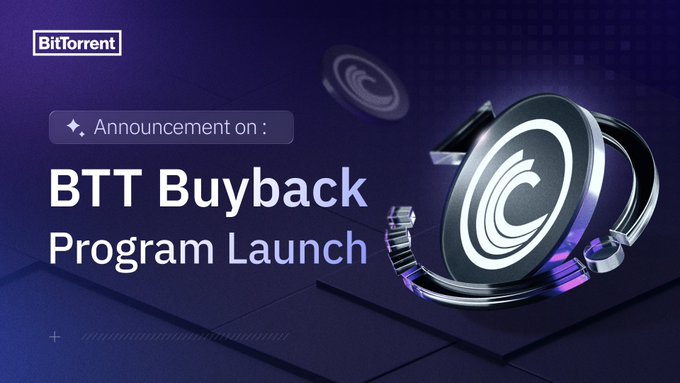 BitTorrent promotional graphic announcing the 'BTT Buyback Program Launch' with a 3D BitTorrent token design on a purple background.