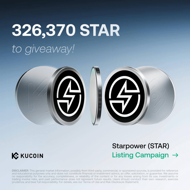 The image features two silver coins with a lightning bolt symbol on them placed side by side against a blue background. The text "Starpower (STAR)" is written above the coins, and below them, there's an arrow pointing towards the coins. Below this, there are three lines of white text that read: "326,370 STAR Giveaway!", "Disclamer - This general market information may contain sponsored content".