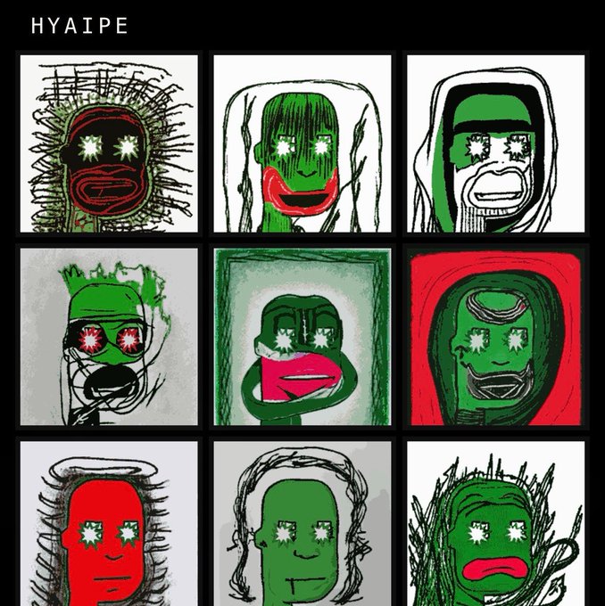 A grid of nine crude, hand-drawn cartoon faces in green, red, and white colors with star-shaped eyes, titled 'HYAIPE' at the top.