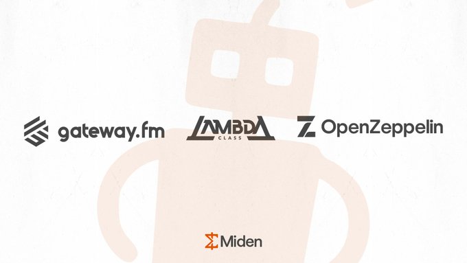 The image features logos for gateway.fm, LambdaClass, and OpenZeppelin above a "Miden" logo, set against a faded robot/Android mascot silhouette. The graphic appears to be a header for a technical post discussing account state recovery challenges on Miden, where losing a device risks losing the locally stored latest account state.