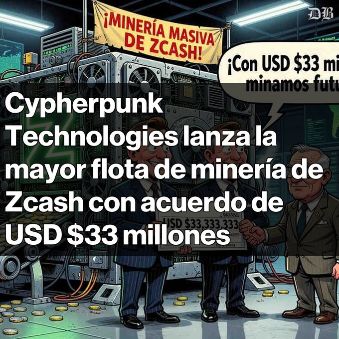 A Spanish-language graphic about 'Cypherpunk Technologies' launching the largest Zcash mining fleet with a $33 million USD agreement, illustrated with cartoon businessmen shaking hands in a mining facility.