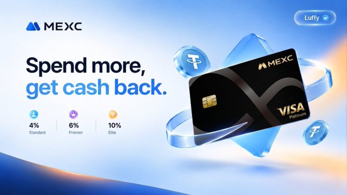 A MEXC advertisement displays a Visa Platinum card with the text "Spend more, get cash back" offering 4% Standard, 6% Premier, and 10% Elite cashback rates.