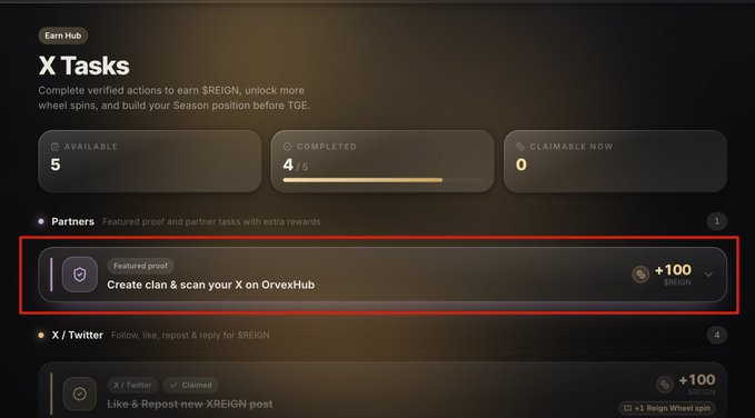 A screenshot of the "X Tasks" Earn Hub showing 5 available tasks with 4/5 completed and 0 claimable rewards, highlighting a Partners task titled "Create clan & scan your X on OrvexHub" worth +100 $REIGN, which the user mentions is failing to load alongside complaints about the website's stability and UI resembling an adult site.